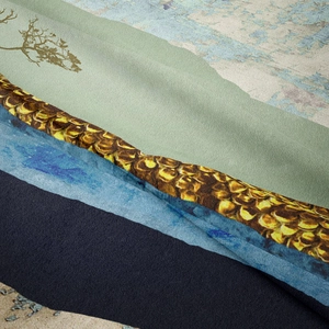 Detail of artistic mountain landscape tapestry with watercolor texture and golden scales