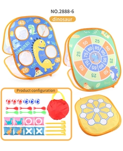 Detailed view of dinosaur toss game accessories including sticky balls, darts and bean bags