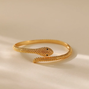 Elegant 18K gold plated snake-shaped open cuff bracelet with detailed scale texture