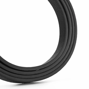 Detailed view of the black leather belt texture and fine stitching on the curved edge