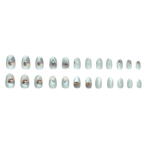 Cute seal summer ocean cat eye press on nails in mint blue round shape, 24pcs set