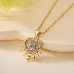 Gold plated heart evil eye necklace with blue zircon crystal pendant in INS style