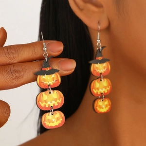 Halloween pumpkin drop earrings with black witch hats on wooden printed dangles