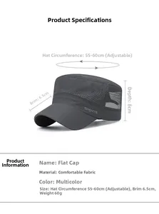 Detail view of dark grey flat top cap with breathable mesh and SPORTS text decoration