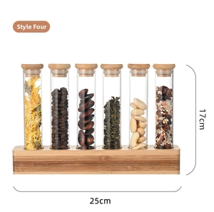 Detailed view of 6-tube glass storage set with wooden base and natural cork stoppers