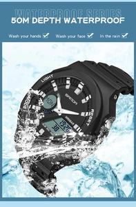 Black digital sports watch splashing in water showing 50M waterproof function