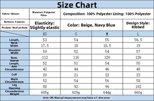 Detailed size chart for the women's tweed jacket including fabric and measurements