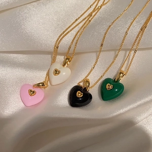 French retro heart pendant necklaces in pink, white, black and green with gold chains