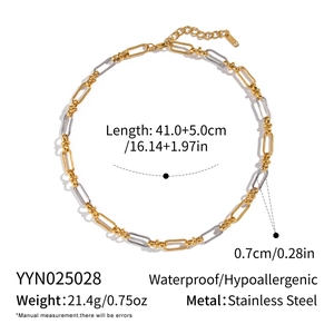 Detail view of two-tone stainless steel paperclip chain necklace with technical dimensions