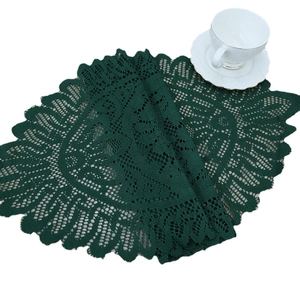 Deep green lace embroidered oval table runner with nordic crochet patterns for home decor