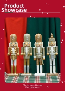 Set of 4 gold and silver glitter Nutcracker dolls on festive red and green background