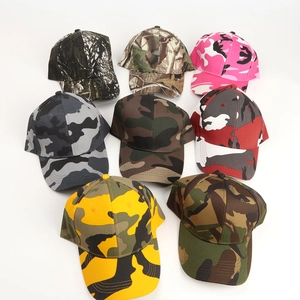 Collection of eight camouflage cotton baseball caps in various colors with curved brims