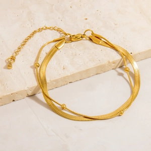 Double-layered 18K gold plated stainless steel snake chain bracelet with small round beads