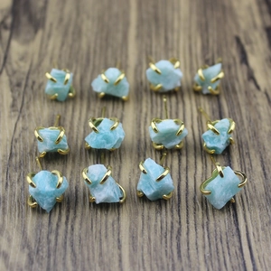 Detailed view of irregular Amazonite raw stone earrings with gold claw settings
