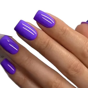 Glossy bright purple square short press on nails with mirror finish on white background