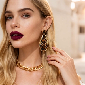 Close-up of model wearing gold layered leopard print earrings and a chunky chain necklace