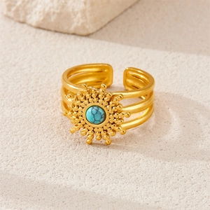 Detail of vintage 18K gold-plated ring featuring turquoise gemstone and sunburst design
