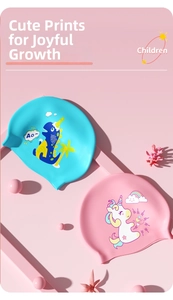 Pink unicorn and blue dinosaur waterproof silicone swimming caps for kids and girls