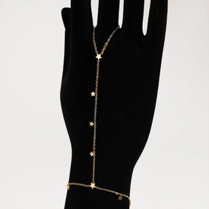Elegant gold stainless steel star hand harness bracelet featuring delicate pentagon charms