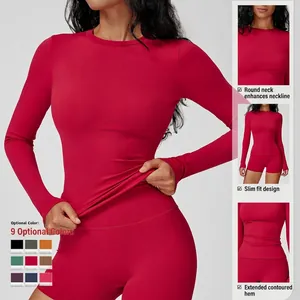 Slim fit long sleeve yoga top and shorts set in rose red with high elastic brushed fabric