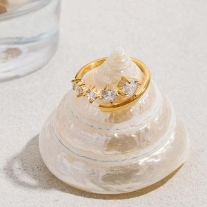 Macro detail of gold-plated zircon ring with five stones on a decorative shell background