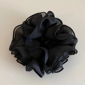 French style black rose flower scrunchie made of layered mesh and soft fabric for women