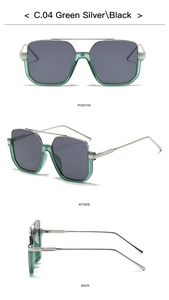 Three views of green translucent oversized sunglasses with silver metal double bridge