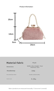 Pink faux fur handbag detail with dimensions, pearl handle, and sizing specification table