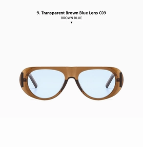 Transparent brown wide frame sunglasses with light blue lenses model C09 and minimalist style