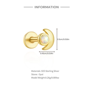Size information and material specs for gold S925 silver moon opal piercing stud