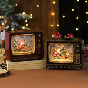 Retro Christmas TV water globe music box with snow effect and warm LED lights