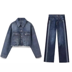 Damen Denim Jacke Und Weite Hose Passendes Outfit Streetwear Ausgefranster Saum Gewaschen Lässig Stilvoll