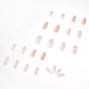 Sweet peach pattern press-on nails in pink and white almond shape with 24 pieces