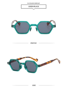 Detailed front and side views of green hexagonal sunglasses with tortoiseshell temples