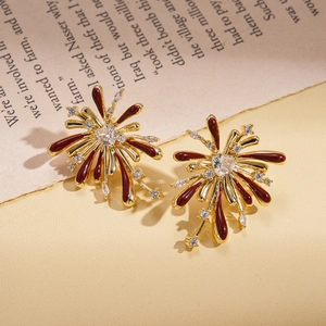 Vintage gold zircon heart earrings with red enamel firework design for women