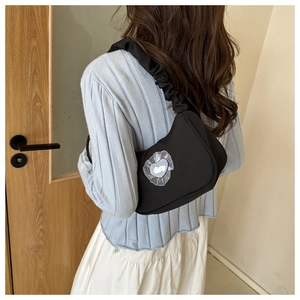 Shoulder bag with ruched strap and heart lace rabbit embroidery detail in black
