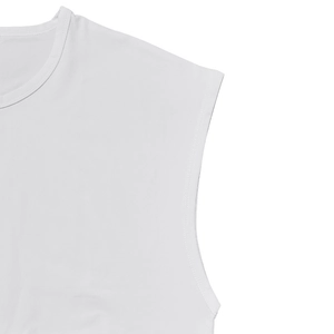 Detailed close-up showing the round neckline and stitching of the white sleeveless vest