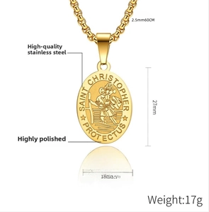 Detailed specs of gold St. Christopher oval pendant necklace with stainless steel chain