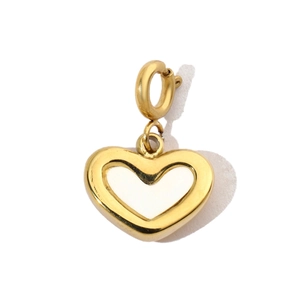 Polished gold heart pendant with spring clasp detail on minimalist white background