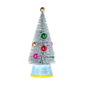 Miniature Christmas tree desk decor with colorful ornaments and Merry Christmas base