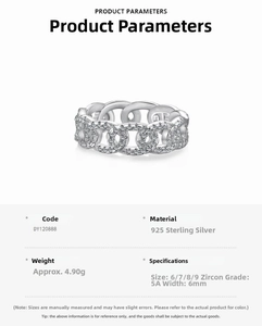 Detailed product specifications of 925 sterling silver chain ring with 5A cubic zirconia