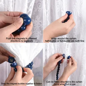 Nordic magnetic curtain tieback with blue wooden beads in a 4-grid functional display