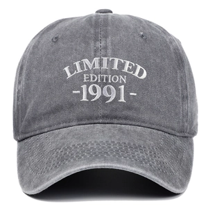 Close-up of Limited Edition 1991 white embroidery on grey washed cotton baseball cap