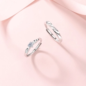S925 sterling silver couple rings with heart zircon and wave pattern in adjustable open size