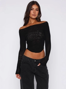 Mesh Long Sleeve Crop Top Sheer Off The Shoulder Slash Neck Slim Fit Streetwear Sexy Solid Color Women Tee