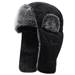 Winter ushanka hat with black windproof shell and grey faux fur lining for extreme cold
