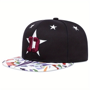 Black snapback hat with white star embroidery and multicolor geometric patterned flat brim