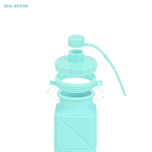 Collapsible silicone water bottle with exploded view showing blue seal design and components