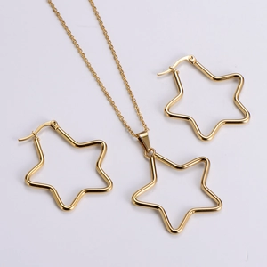 Macro view of gold stainless steel star necklace and earrings set on neutral background