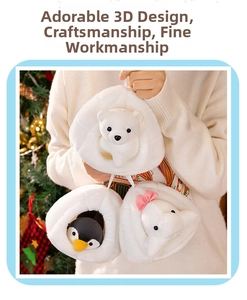 Plush polar bear, penguin, and whale toys in white nests with festive Christmas tree background